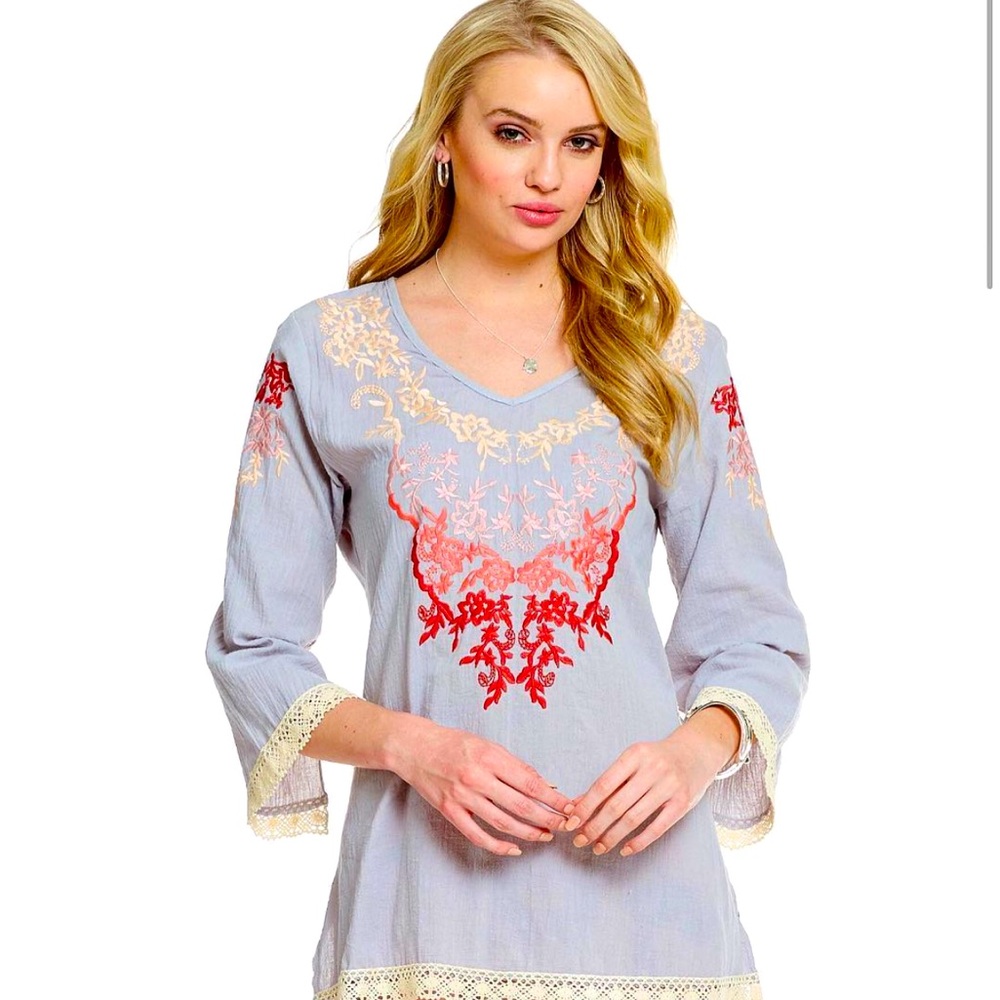 Embroidered Gray and Tan Tunic with Long Sleeves